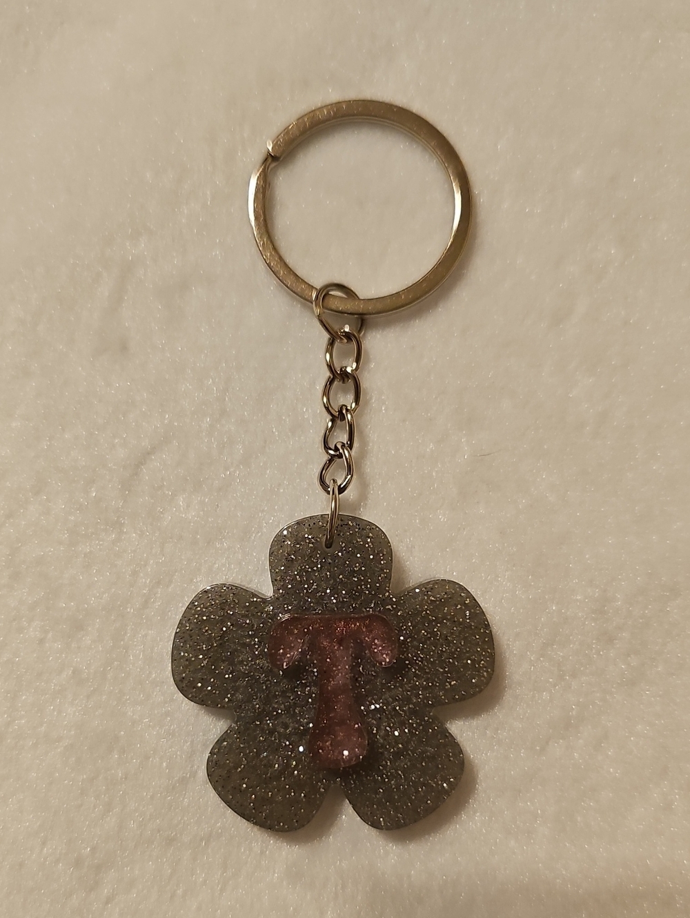 Silver Glitter Flower Keychain with Purple Initial T